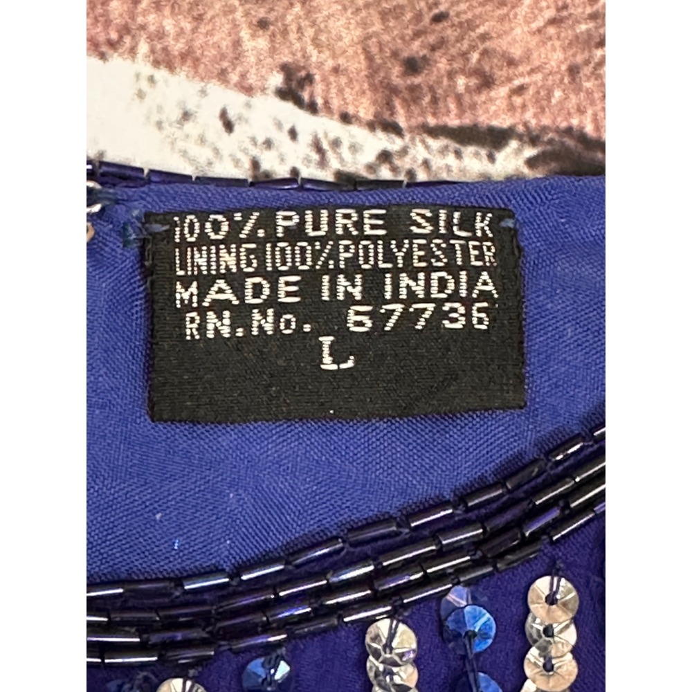 Jewel Queen Vintage Royal Blue Beaded Silk Sequin Evening Top Short Sleeve L - Picture 5 of 15